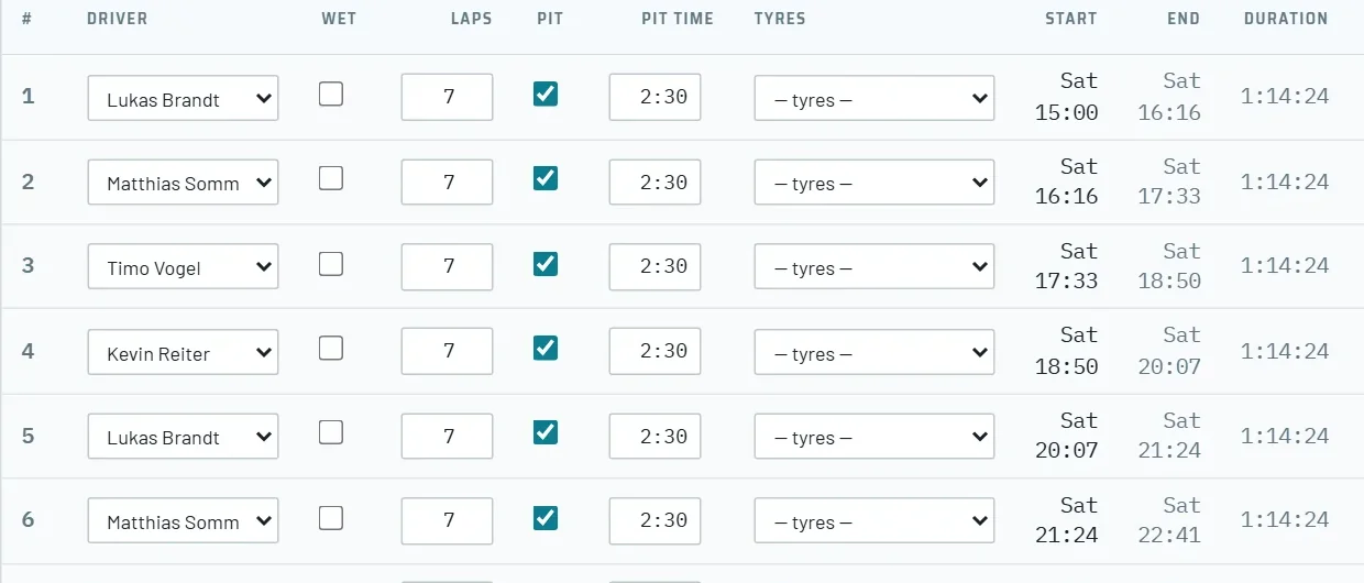 Race Planner — stint schedule with drivers, laps, pit time and fuel